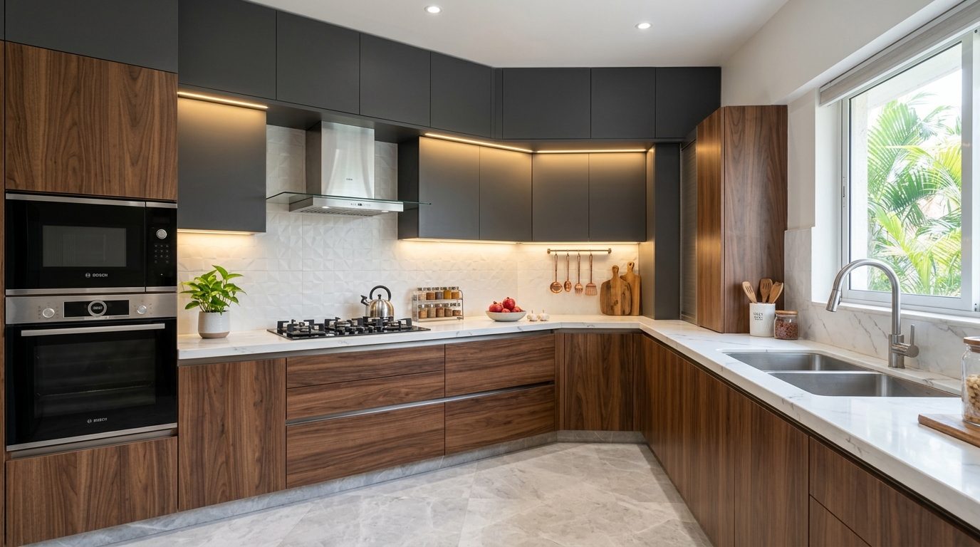 Walnut and Charcoal Modular Kitchen with Quartz Counter by Naksh Interio Mathura
