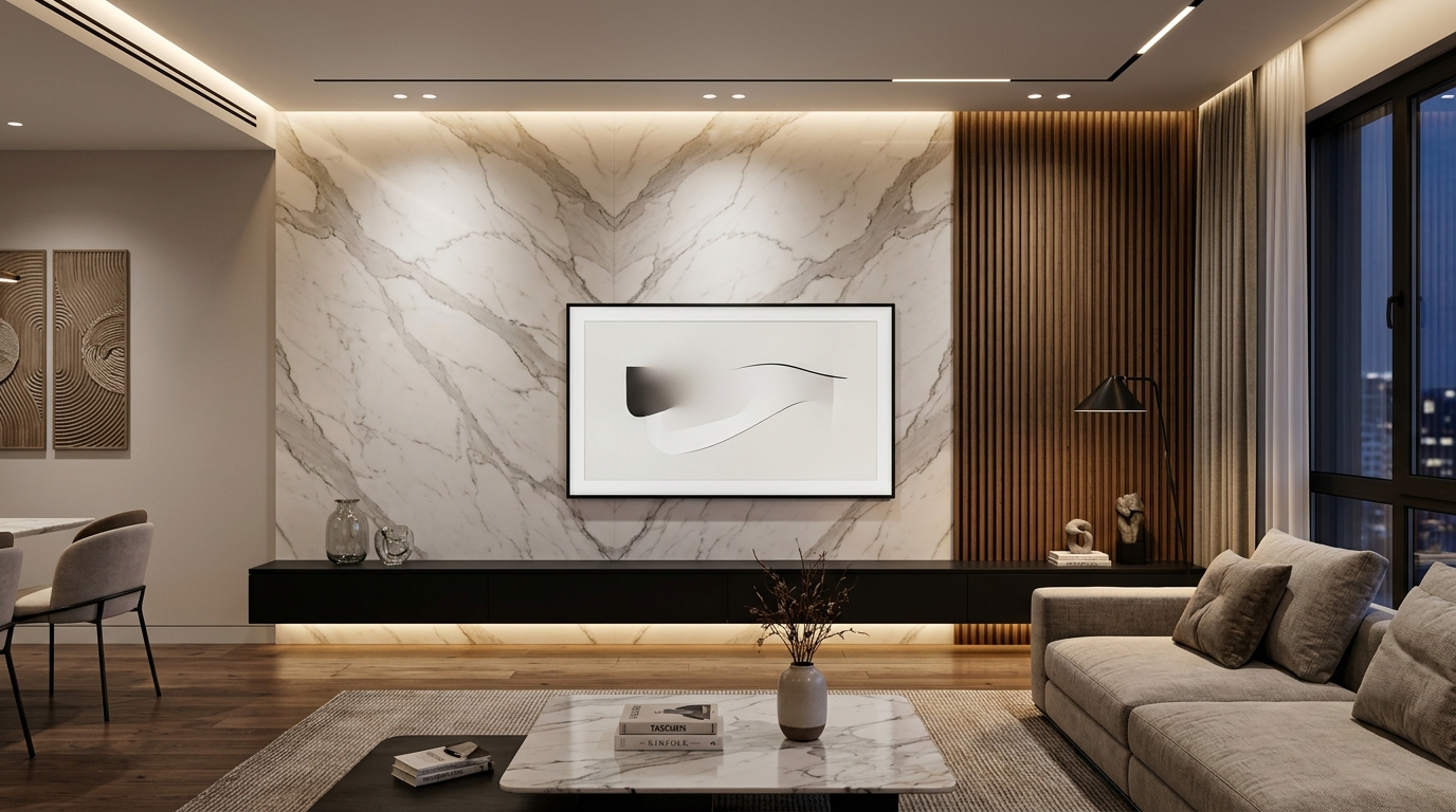 Italian Statuario TV Wall Unit by Naksh Interio